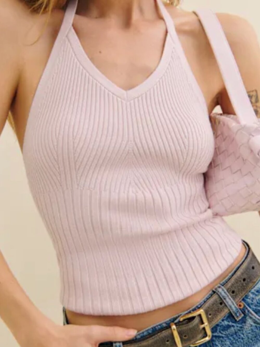 Reformation Delia Ribbed Halter Top Pink - Size XS